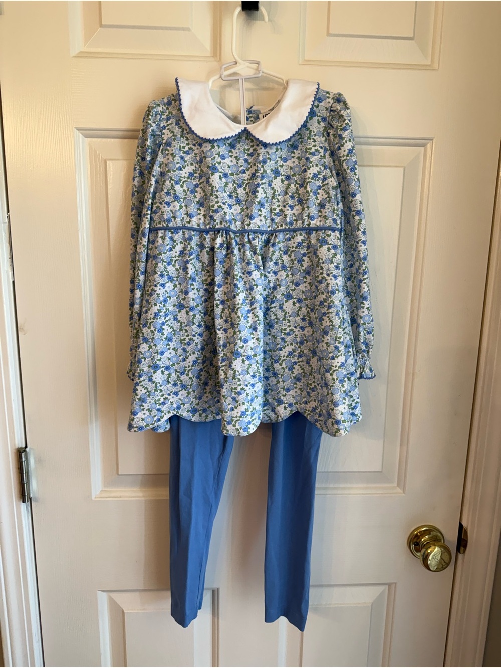 Girls Blue Floral Tunic Set with White Peter Pan Collar